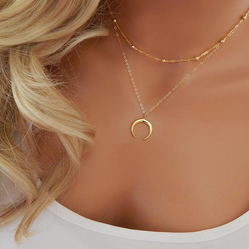 Double Layer Gold Color Chain Alloy Beads Horn Pendant Necklace eprolo