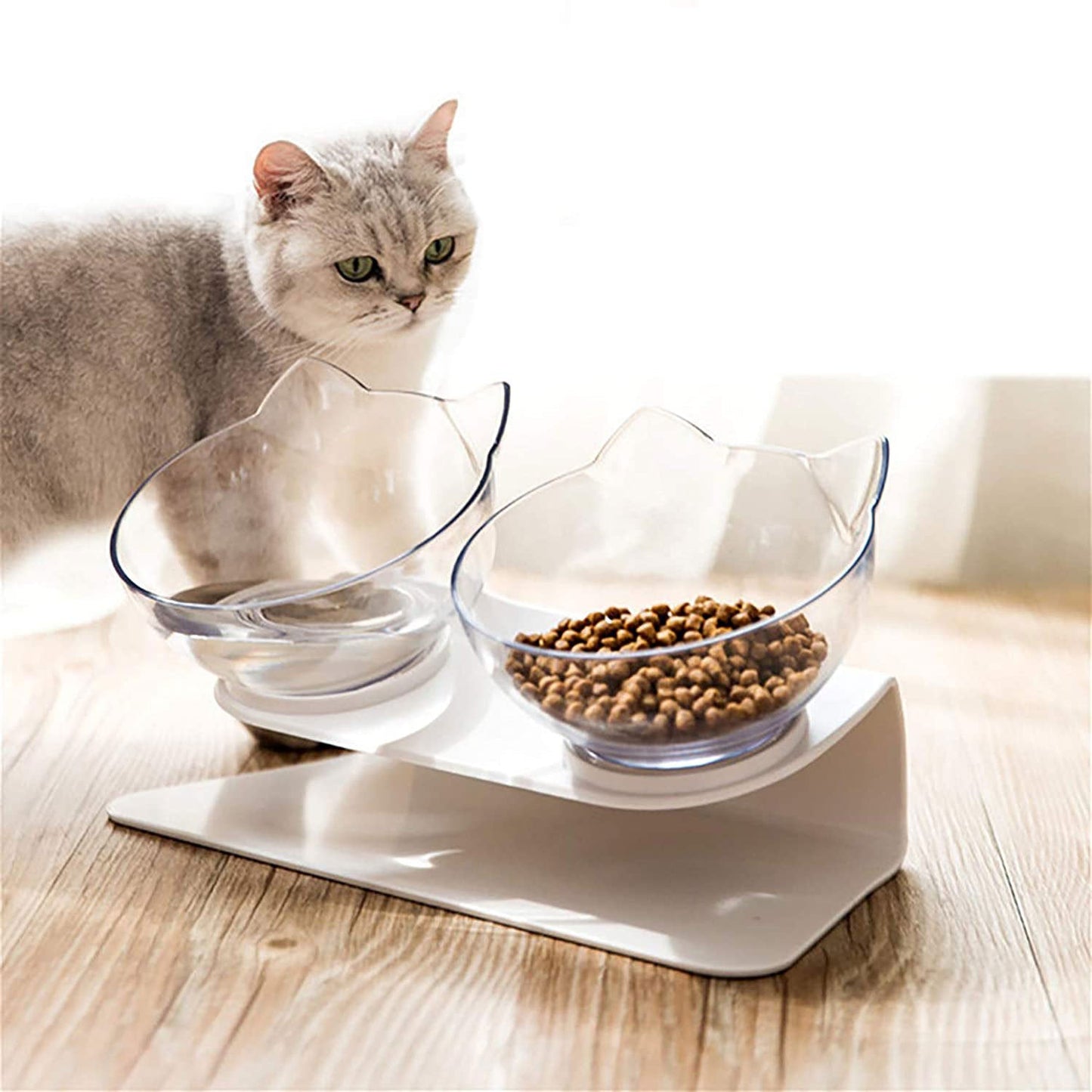 Non Slip Double Cat Bowl With Raised Stand Pet Food Cat Feeder Protect Cervical Vertebra Dog Bowl Transparent Pet Products El Pazar