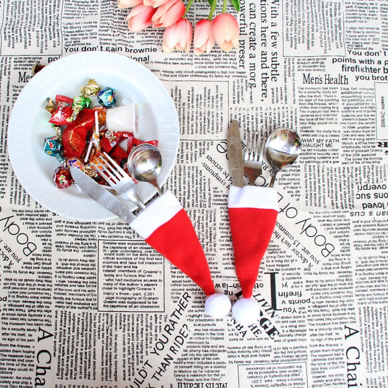 Christmas Caps Cutlery Holder Fork Spoon Pocket Christmas Decor Bag Kitchen Tableware Holder Bag Gift eprolo