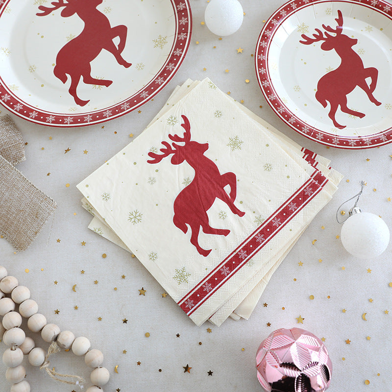 Christmas Decoration Elk Theme Disposable Meal Plate Party Utensils Set Paper Cups Paper Plates Tissue Papers eprolo
