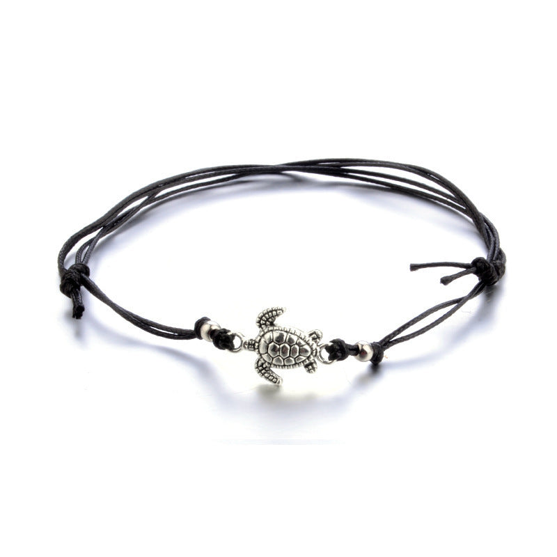 European And American Hemp Rope Multi-layer Turtle Anklet Hand-woven Antique Silver Turtle Beach Anklet Bracelet El Pazar