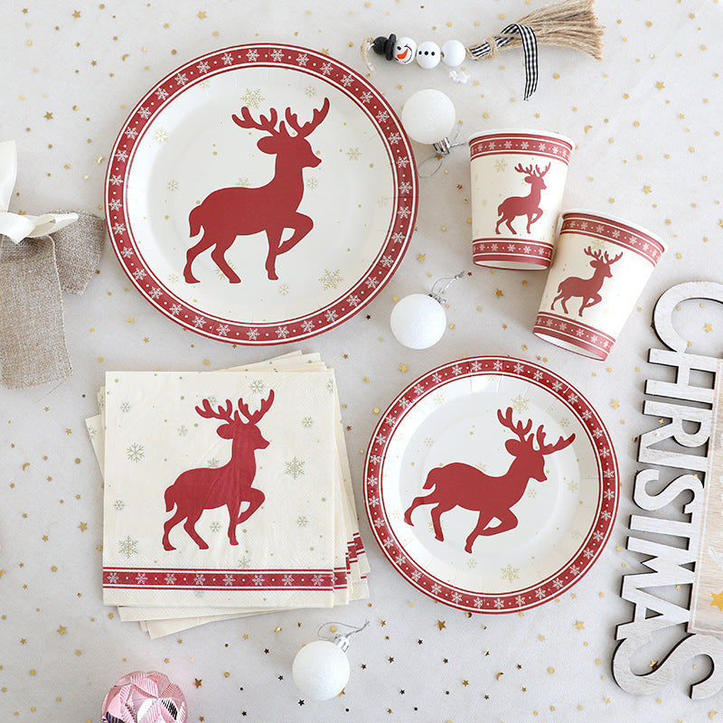 Christmas Decoration Elk Theme Disposable Meal Plate Party Utensils Set Paper Cups Paper Plates Tissue Papers eprolo