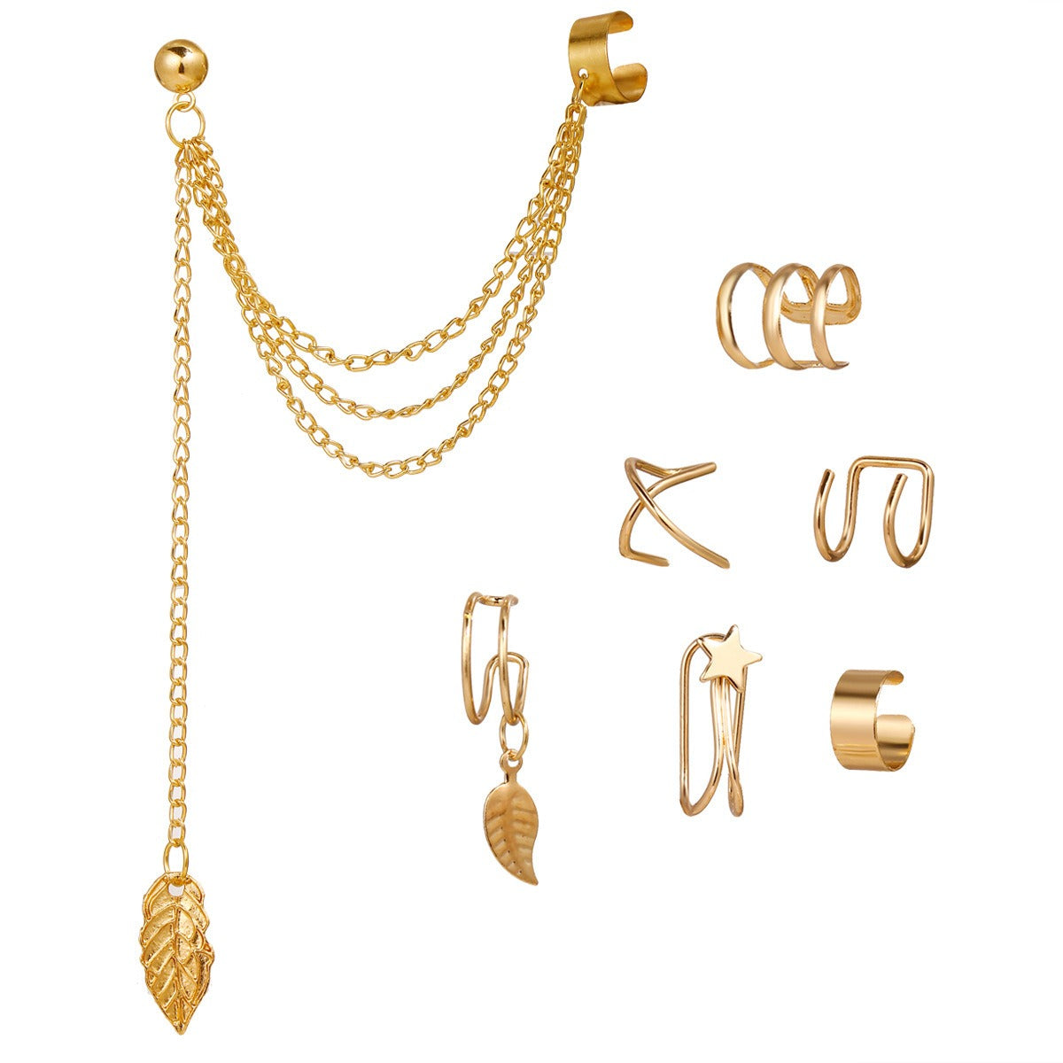 Fashionable, creative, minimalist and elegant earrings, leaves without ear holes, tassel ear clip set of seven pieces eprolo