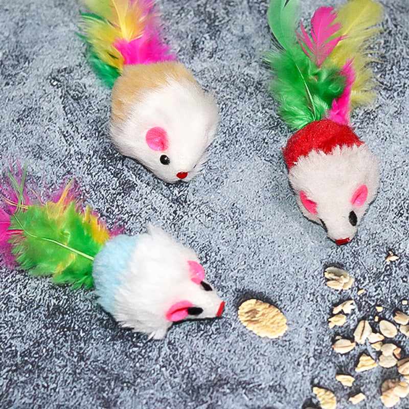 Plush Mouse Simulation Plush Colorful Feathers Cat Amusement Mouse Pet Supplies Self-Hi Cat Toy eprolo