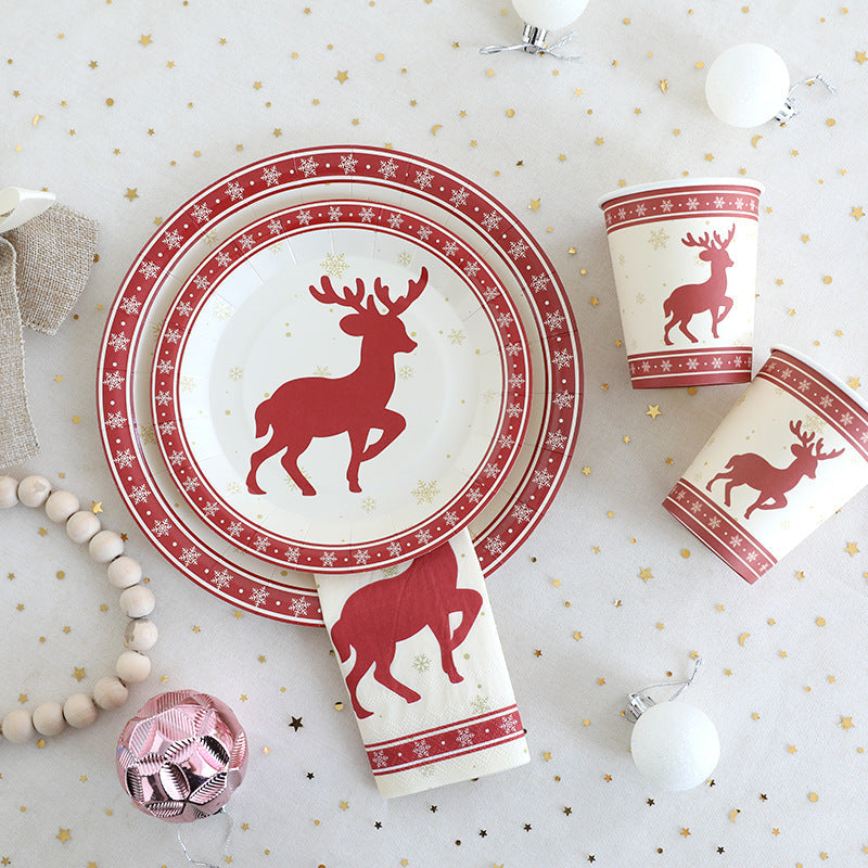 Christmas Decoration Elk Theme Disposable Meal Plate Party Utensils Set Paper Cups Paper Plates Tissue Papers eprolo