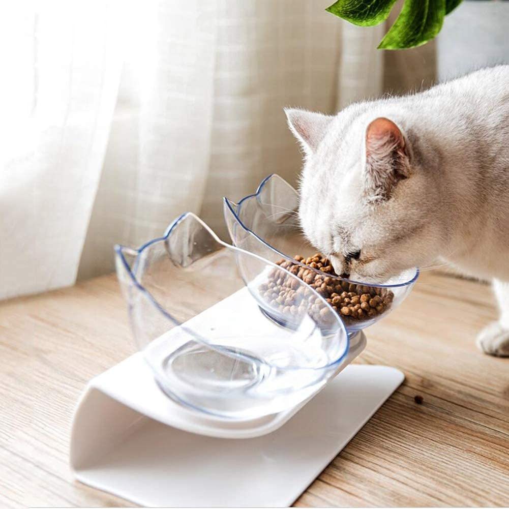 Non Slip Double Cat Bowl With Raised Stand Pet Food Cat Feeder Protect Cervical Vertebra Dog Bowl Transparent Pet Products El Pazar