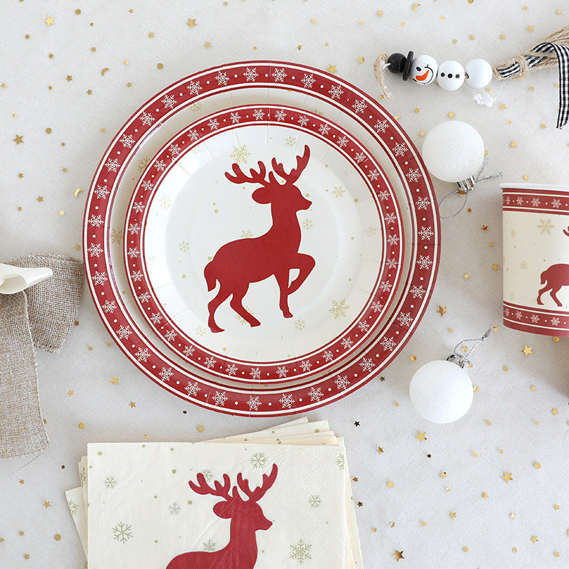 Christmas Decoration Elk Theme Disposable Meal Plate Party Utensils Set Paper Cups Paper Plates Tissue Papers eprolo