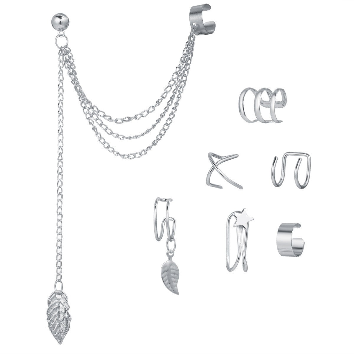 Fashionable, creative, minimalist and elegant earrings, leaves without ear holes, tassel ear clip set of seven pieces eprolo