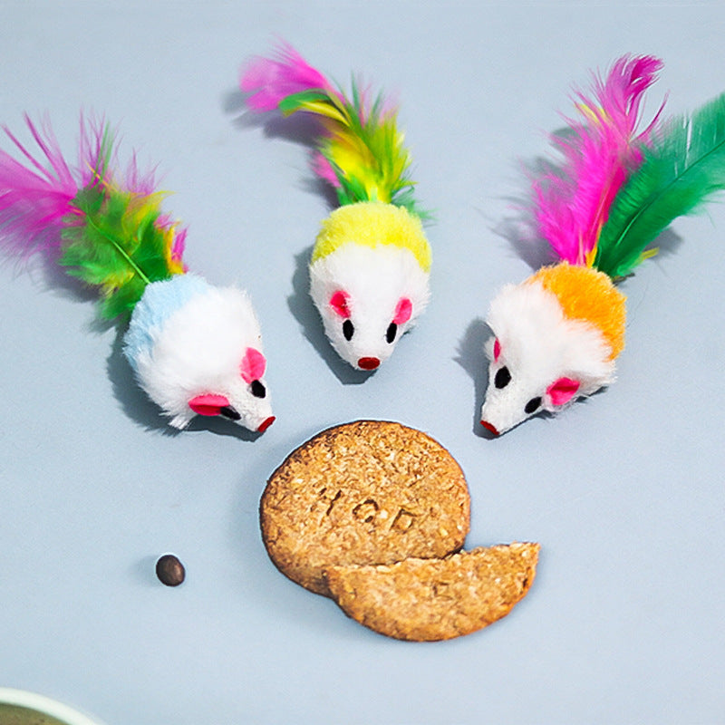 Plush Mouse Simulation Plush Colorful Feathers Cat Amusement Mouse Pet Supplies Self-Hi Cat Toy eprolo