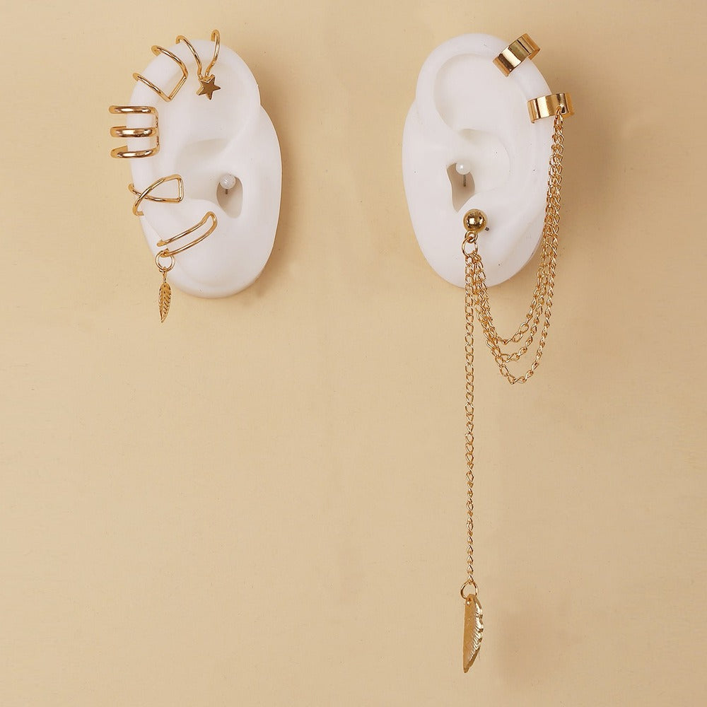 Fashionable, creative, minimalist and elegant earrings, leaves without ear holes, tassel ear clip set of seven pieces eprolo