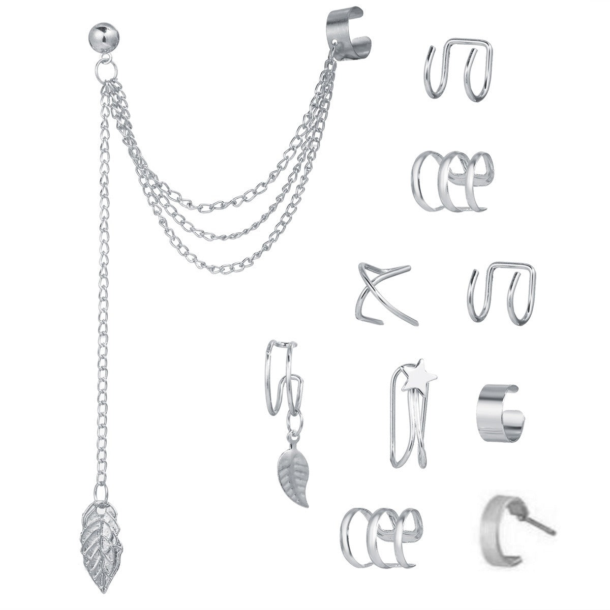 Fashionable, creative, minimalist and elegant earrings, leaves without ear holes, tassel ear clip set of seven pieces eprolo