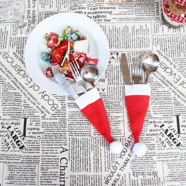 Christmas Caps Cutlery Holder Fork Spoon Pocket Christmas Decor Bag Kitchen Tableware Holder Bag Gift eprolo