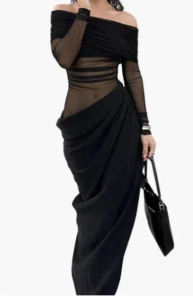 Women Off Shoulder Semi-Sheer Maxi Dress, Long Sleeve, Floor Length One-Step Dress, Strapless Mesh Ruched El Pazar