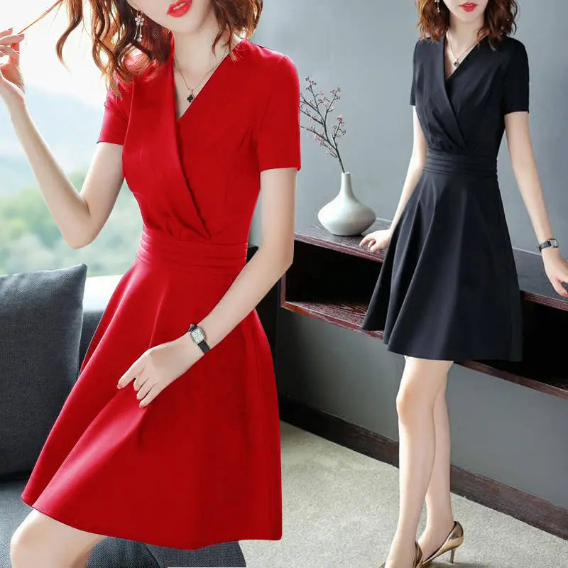 Women Short Dress, Mid-length Waist Skimming, Half-Sleeve, V-Neck El Pazar