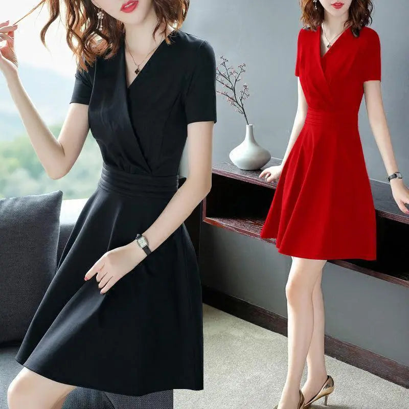 Women Short Dress, Mid-length Waist Skimming, Half-Sleeve, V-Neck El Pazar