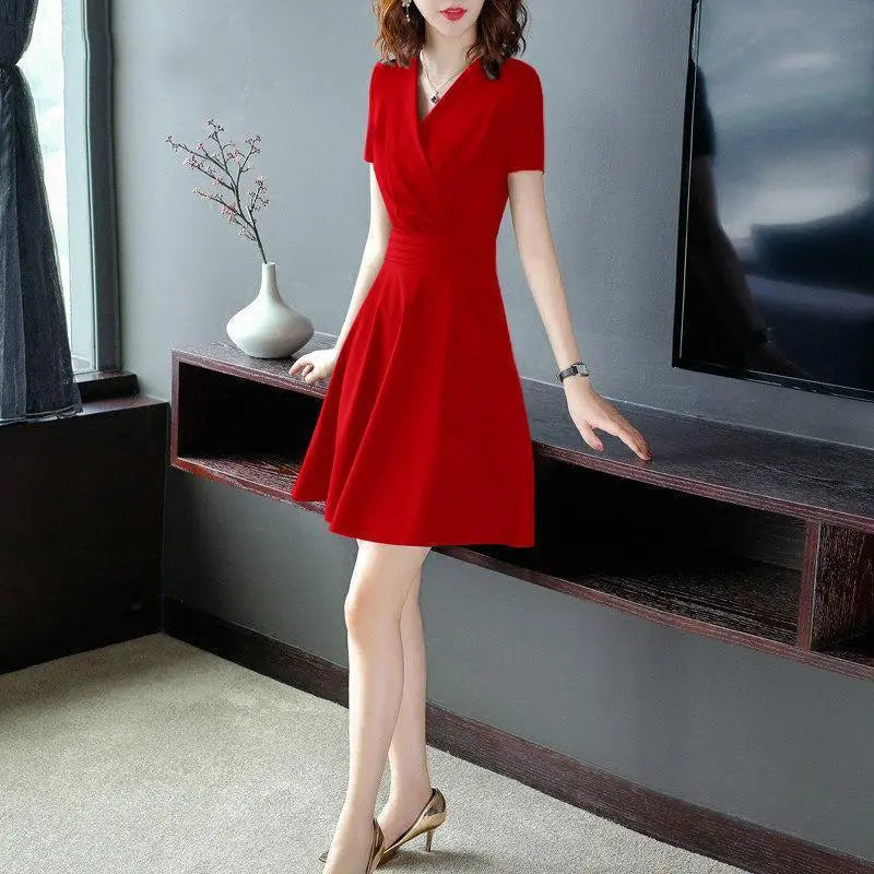 Women Short Dress, Mid-length Waist Skimming, Half-Sleeve, V-Neck El Pazar
