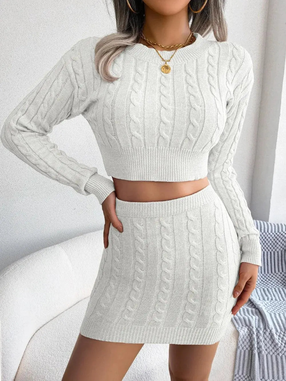 Women Slim Two Piece Set, Twist Sweater & Knit Skirt, Long Sleeve, Circle Neck El Pazar