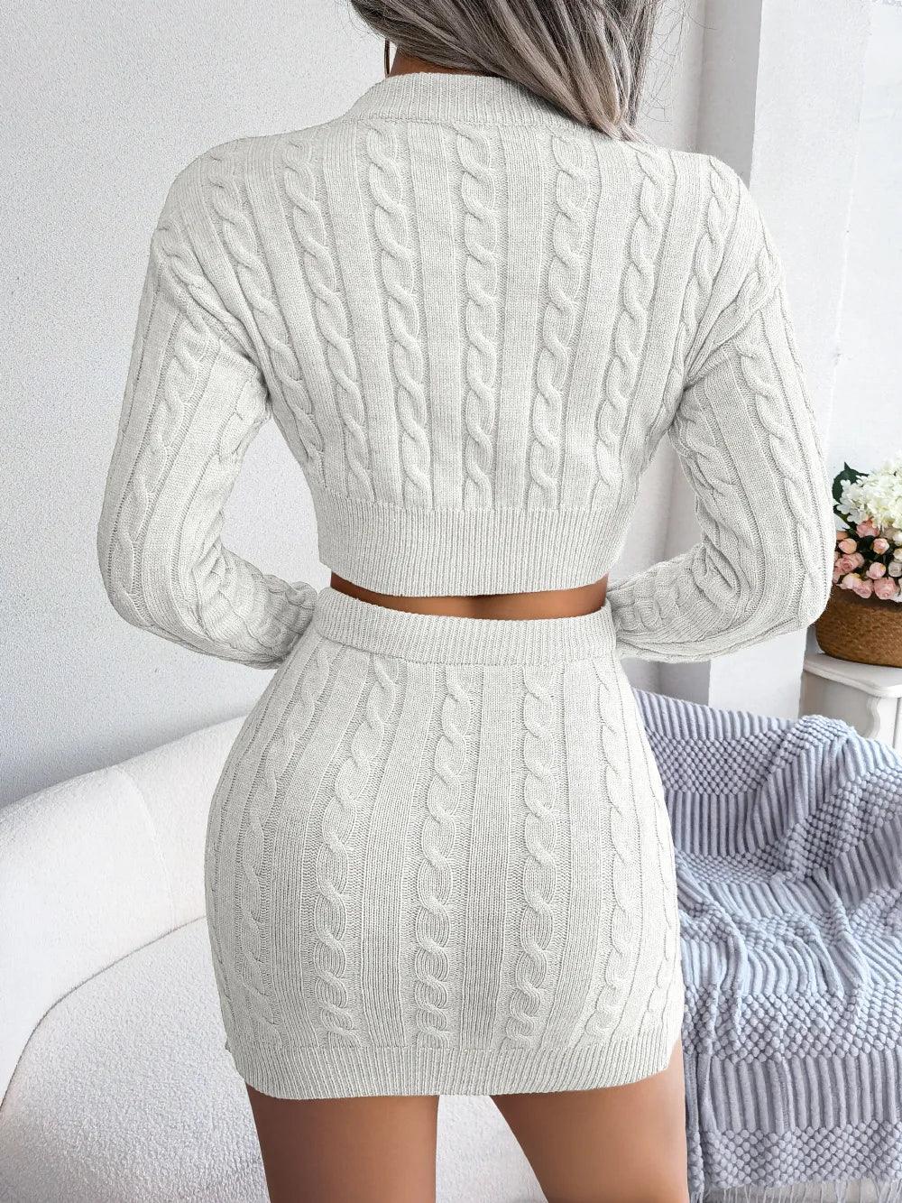 Women Slim Two Piece Set, Twist Sweater & Knit Skirt, Long Sleeve, Circle Neck El Pazar