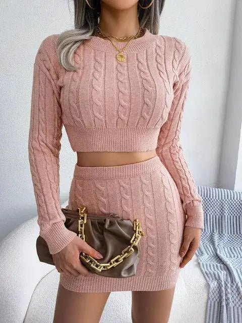 Women Slim Two Piece Set, Twist Sweater & Knit Skirt, Long Sleeve, Circle Neck El Pazar