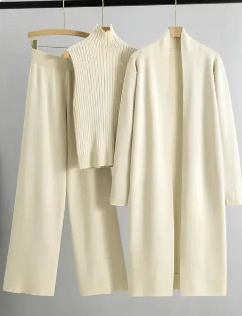 Women Three Piece Set, Knitting Suit, Fashion Knitting Sleeveless Vest, Sweater Long-Sleeve Long Cardigan, And Wide-leg Pants El Pazar