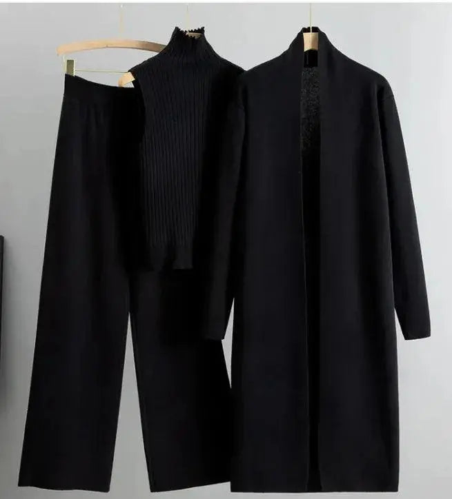 Women Three Piece Set, Knitting Suit, Fashion Knitting Sleeveless Vest, Sweater Long-Sleeve Long Cardigan, And Wide-leg Pants El Pazar
