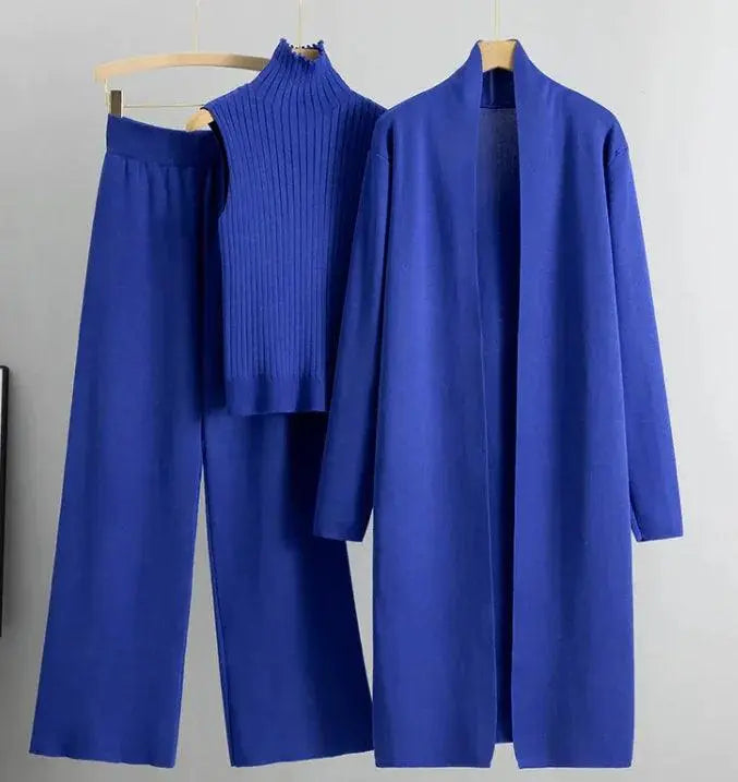 Women Three Piece Set, Knitting Suit, Fashion Knitting Sleeveless Vest, Sweater Long-Sleeve Long Cardigan, And Wide-leg Pants El Pazar