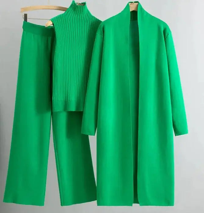 Women Three Piece Set, Knitting Suit, Fashion Knitting Sleeveless Vest, Sweater Long-Sleeve Long Cardigan, And Wide-leg Pants El Pazar