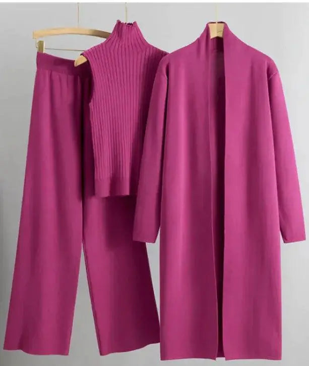 Women Three Piece Set, Knitting Suit, Fashion Knitting Sleeveless Vest, Sweater Long-Sleeve Long Cardigan, And Wide-leg Pants El Pazar