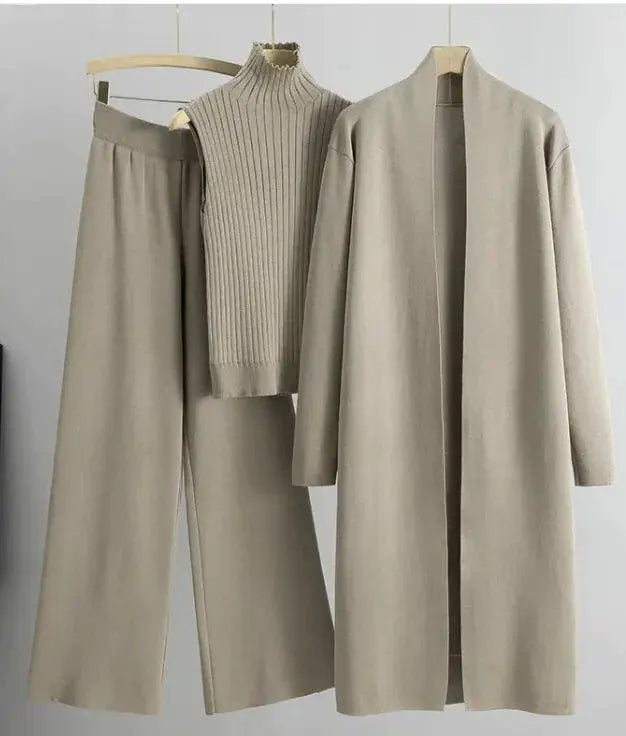 Women Three Piece Set, Knitting Suit, Fashion Knitting Sleeveless Vest, Sweater Long-Sleeve Long Cardigan, And Wide-leg Pants El Pazar