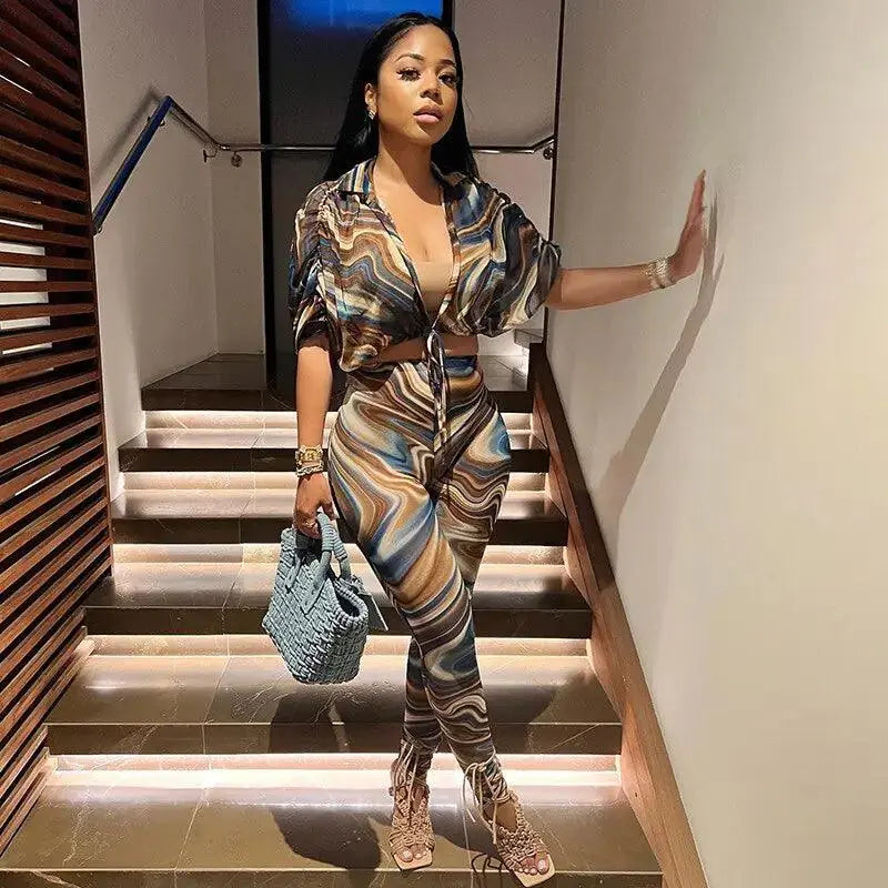 Women Two-Piece, Set Abstract Print Sheer Mesh Outfits El Pazar