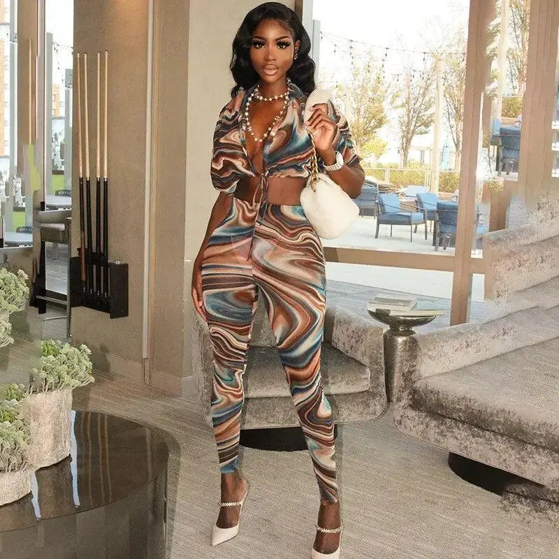 Women Two-Piece, Set Abstract Print Sheer Mesh Outfits El Pazar