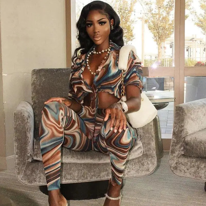 Women Two-Piece, Set Abstract Print Sheer Mesh Outfits El Pazar