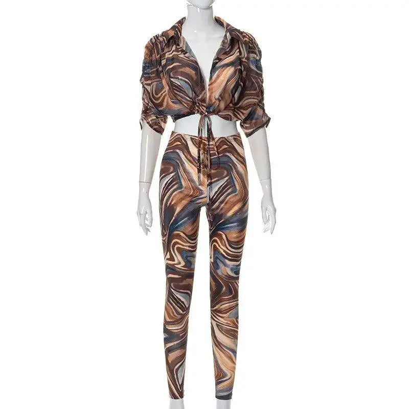 Women Two-Piece, Set Abstract Print Sheer Mesh Outfits El Pazar