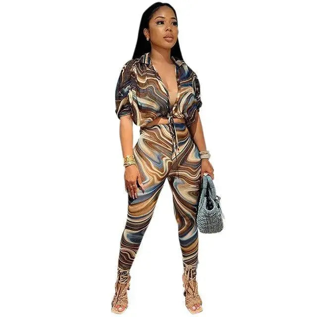 Women Two-Piece, Set Abstract Print Sheer Mesh Outfits El Pazar