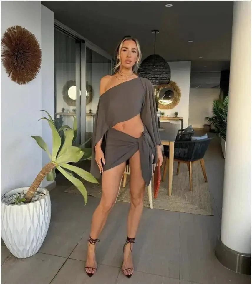 Women’s Sexy Diagonal Neck Long Sleeve Two-Piece Set with Lace-Up Skirt El Pazar