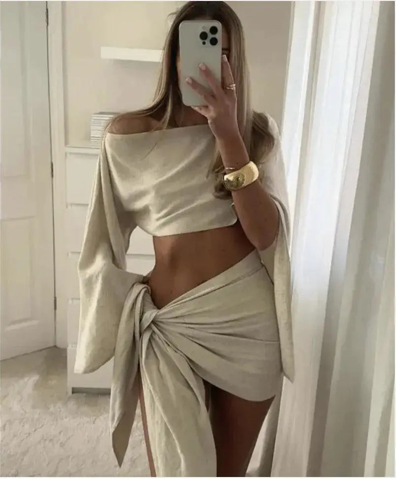 Women’s Sexy Diagonal Neck Long Sleeve Two-Piece Set with Lace-Up Skirt El Pazar