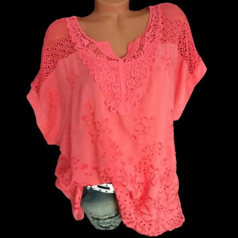 Women's Short Sleeve Blouse, Lace Embroidered El Pazar