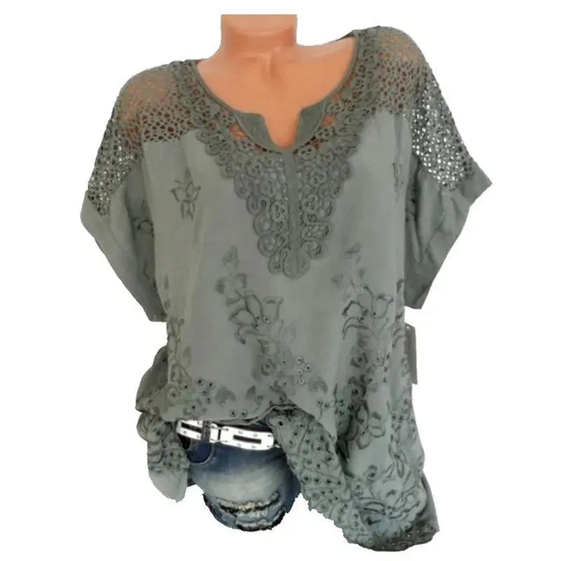 Women's Short Sleeve Blouse, Lace Embroidered El Pazar