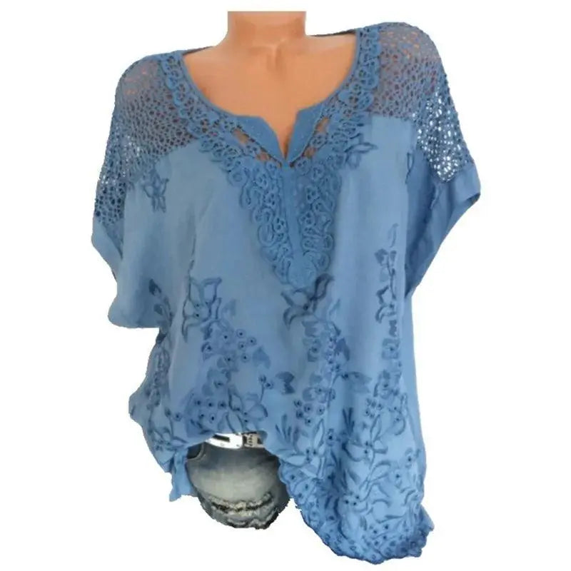 Women's Short Sleeve Blouse, Lace Embroidered El Pazar