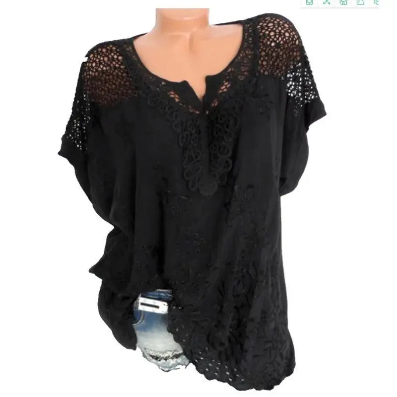 Women's Short Sleeve Blouse, Lace Embroidered El Pazar