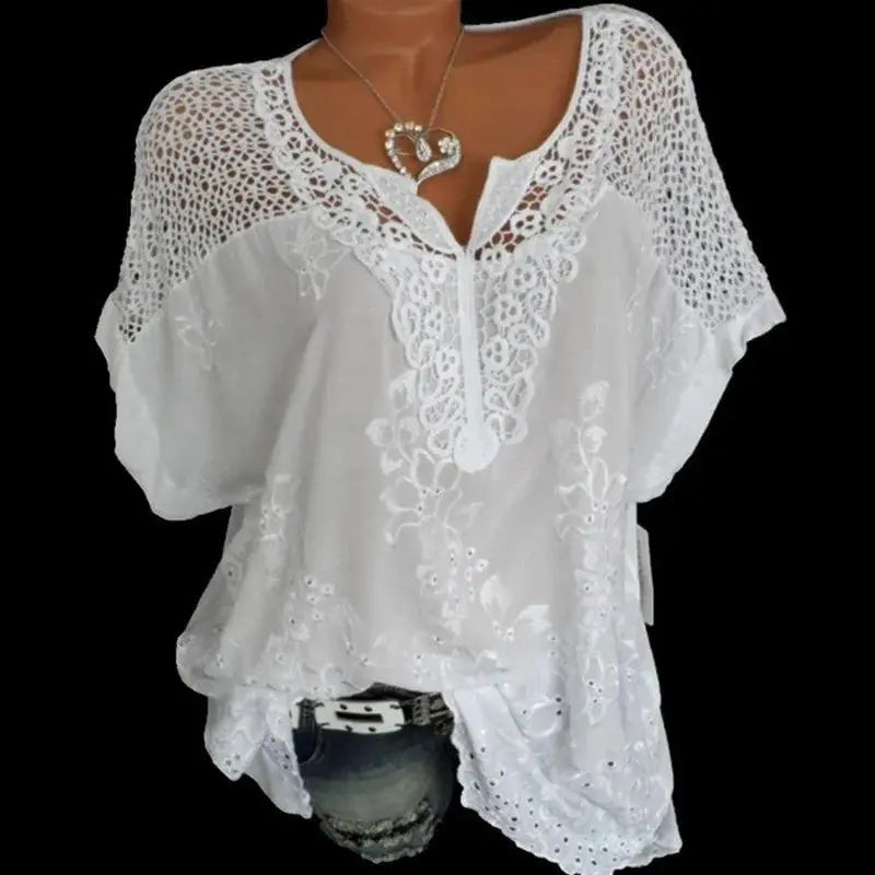 Women's Short Sleeve Blouse, Lace Embroidered El Pazar