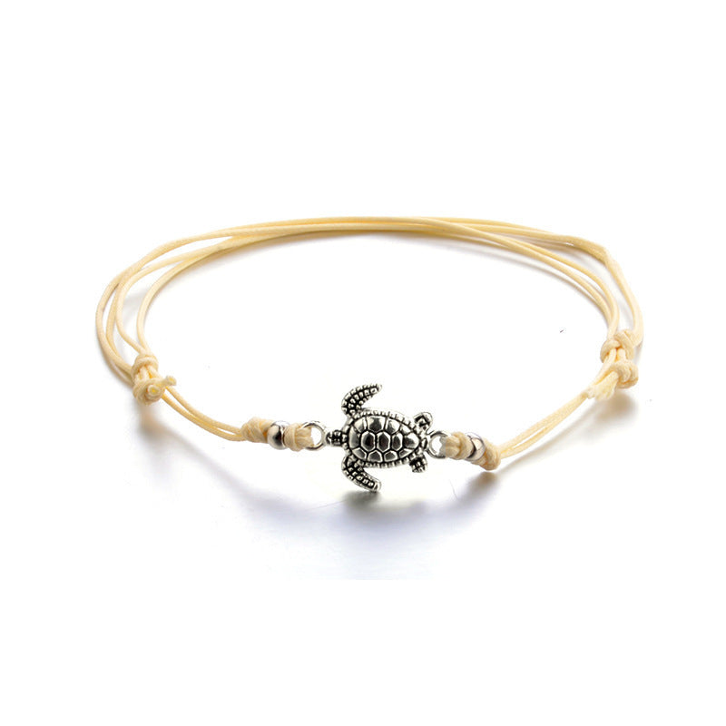 European And American Hemp Rope Multi-layer Turtle Anklet Hand-woven Antique Silver Turtle Beach Anklet Bracelet El Pazar