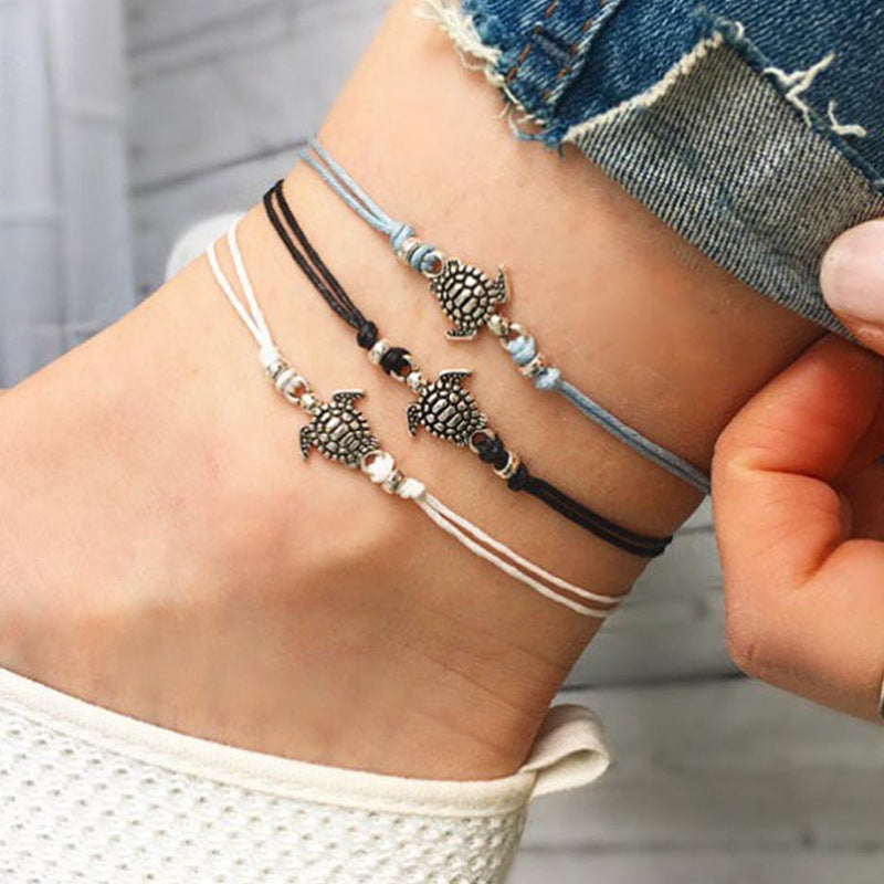 European And American Hemp Rope Multi-layer Turtle Anklet Hand-woven Antique Silver Turtle Beach Anklet Bracelet El Pazar