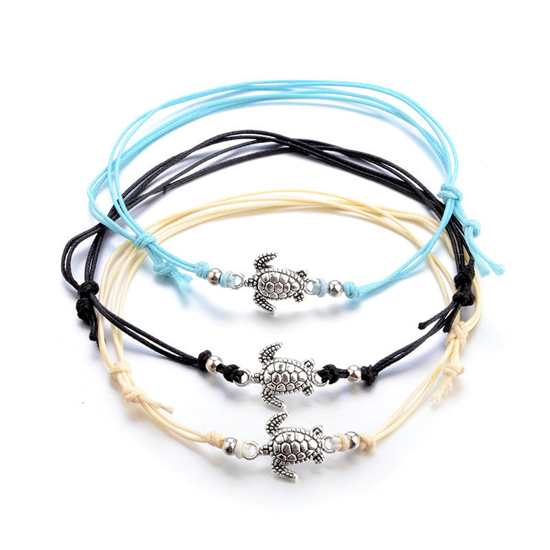 European And American Hemp Rope Multi-layer Turtle Anklet Hand-woven Antique Silver Turtle Beach Anklet Bracelet El Pazar