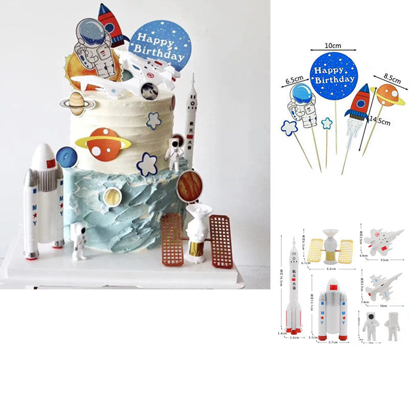 Astronaut Cake Decoration Ornaments Rocket Toy Plug-In Birthday Baking Astronaut Doll Card Set eprolo