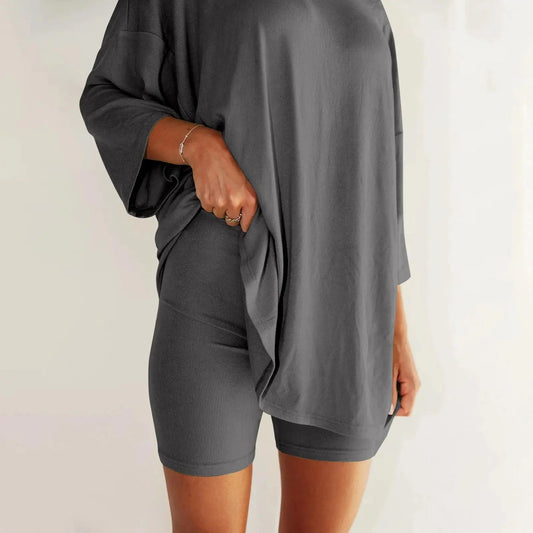 Women Summer 2-Piece Set, T-Shirt and Shorts, Slack Short Sleeve Long T-Shirt Top, Tight Shorts El Pazar