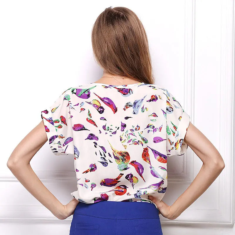 Women T-Shirt, Loose Large Size Chiffon Shirt, Printed Wide Short-Sleeve, Round Neck, Polyester USA SIZE El Pazar