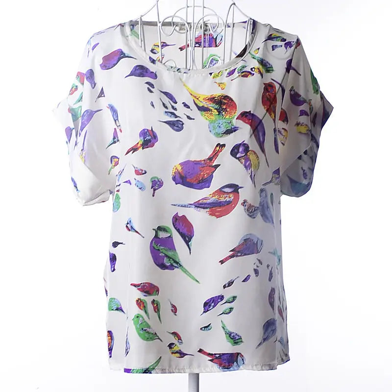 Women T-Shirt, Loose Large Size Chiffon Shirt, Printed Wide Short-Sleeve, Round Neck, Polyester USA SIZE El Pazar