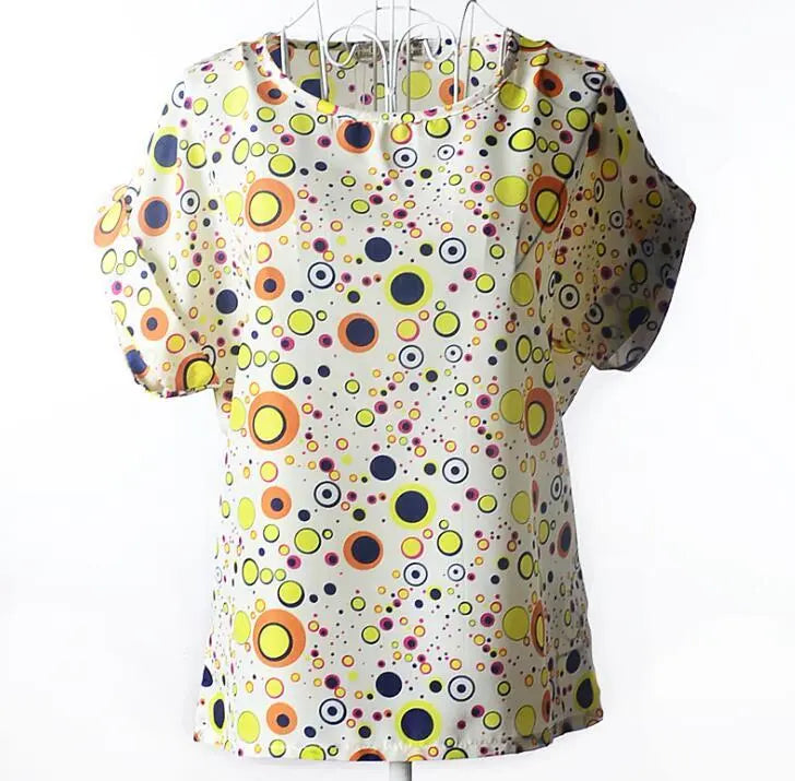 Women T-Shirt, Loose Large Size Chiffon Shirt, Printed Wide Short-Sleeve, Round Neck, Polyester USA SIZE El Pazar
