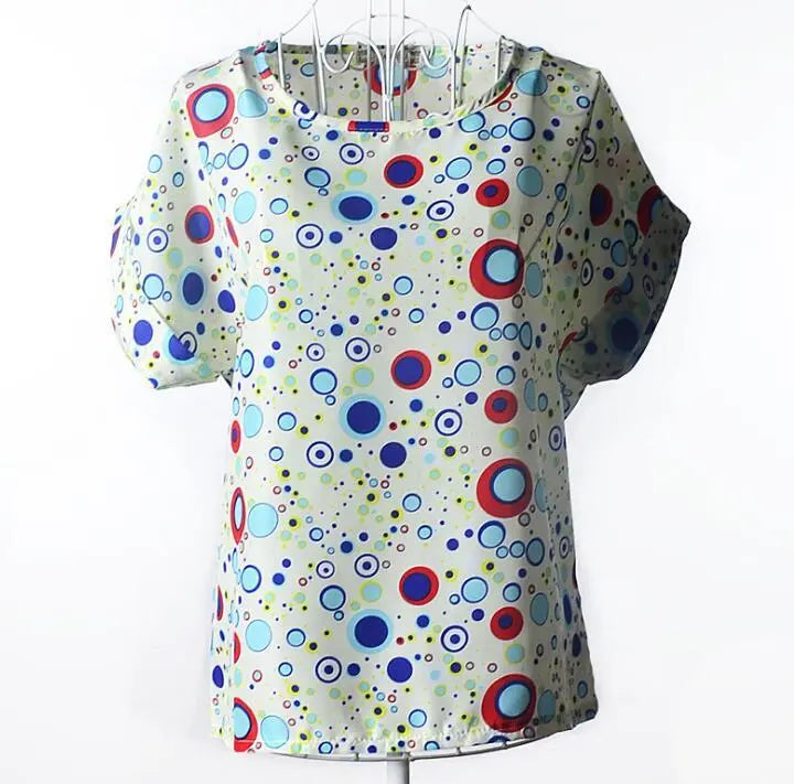 Women T-Shirt, Loose Large Size Chiffon Shirt, Printed Wide Short-Sleeve, Round Neck, Polyester USA SIZE El Pazar
